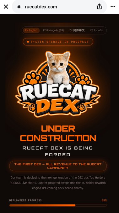 A mobile screenshot of ruecatdex.com displaying an 'Under Construction' page with a kitten mascot, noting 'System Upgrade in Progress' at 68% deployment progress for the RUECAT DEX platform.