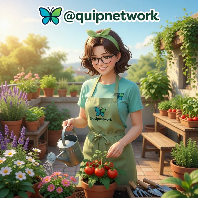 The image is a stylized illustration of a cheerful woman with glasses and a green headband watering tomato plants in a lush garden, with the text "@quipnetwork" displayed prominently at the top and on her apron. The garden setting metaphorically represents Quip Network's message of quiet, steady cultivation—suggesting that while most overlook foundational infrastructure growth, the team is patiently nurturing next-generation developments in post-quantum security and distributed compute before the broader market catches on.