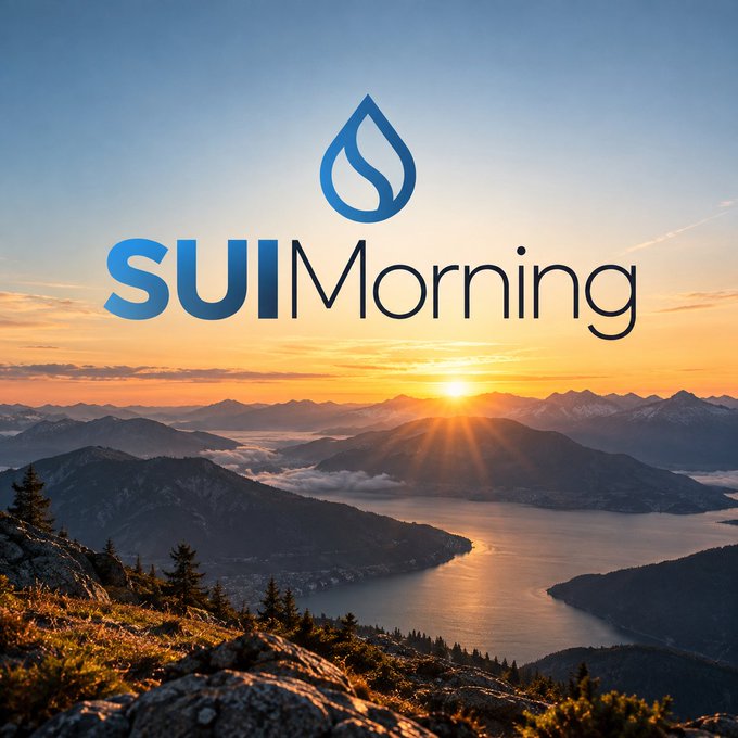 A promotional graphic for 'SUIMorning' featuring a blue water drop logo over a scenic mountain and lake sunrise landscape.