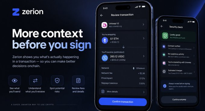 A promotional advertisement for the Zerion app displaying the text 'More context before you sign,' featuring screenshots of a transaction review interface and security check.