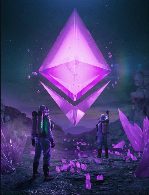 Two astronauts stand before a colossal glowing purple Ethereum crystal hovering over an alien landscape, embodying the awe-inspiring power and futuristic promise of the "ETHERNUM" (Ethereum) cryptocurrency. Surrounded by scattered crystalline shards and rugged terrain, the scene captures the majestic, otherworldly nature of the digital asset the post highlights.