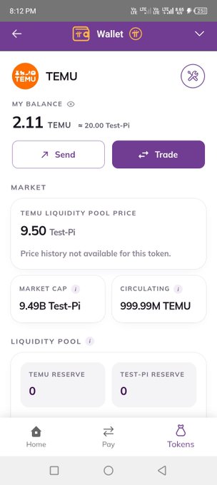 A Pi Wallet screenshot shows the TEMU token page on the testnet, with a balance of 2.11 TEMU, a liquidity pool price of 9.50 Test‑Pi, and a reported market cap of 9.49B Test‑Pi. It supports the post’s claim that TEMU is operating on the Pi testnet, though it does not establish real-world value beyond testnet data.