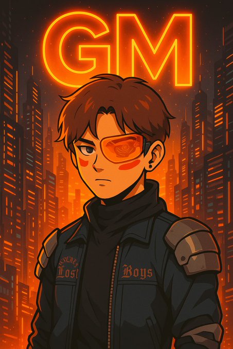 A neon cyberpunk-style anime illustration of a young man with an orange eye patch wearing a 'Boys' jacket, with glowing 'GM' text above him against a futuristic cityscape.
