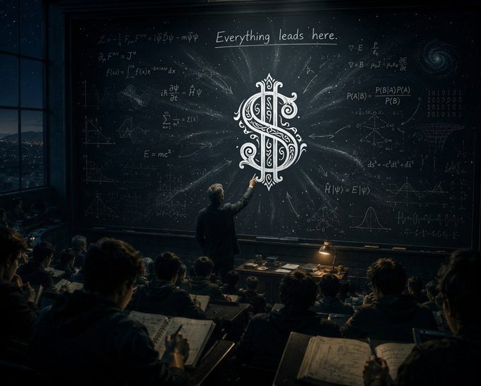 A dark classroom scene where a teacher points at a chalkboard covered in physics and math equations, centered around a glowing ornate 'S' symbol with the text 'Everything leads here.'
