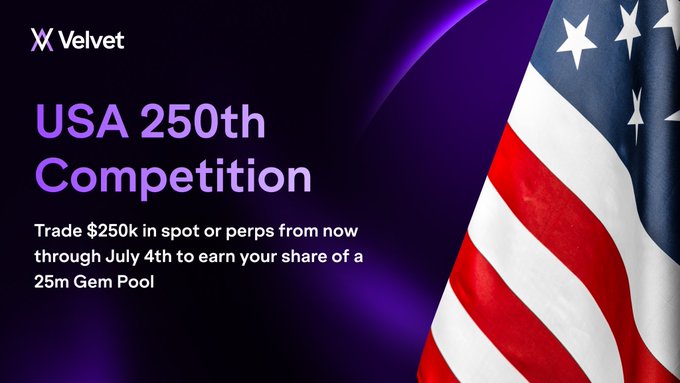 A Velvet promotional banner for the "USA 250th Competition" featuring an American flag, inviting users to trade $250k in spot or perps through July 4th to earn a share of a 25m Gem Pool, which aligns with the post's details about the airdrop-boosting rewards tied to America's 250th anniversary celebration.