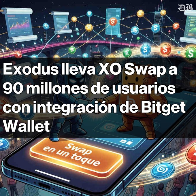 The image features a cell phone with an app that allows users to exchange Bitcoin for fiat currency, such as dollars or euros. The text above the image reads "Exodus Integra XO Swap a 90 millones de usuarios con swaps entre cadenas cripto más allá de su". This suggests that the app is designed to facilitate Bitcoin exchanges with fiat currency, potentially connecting users from different countries and offering them the opportunity to exchange their Bitcoins for local currency.

The image also includes a cartoon depiction of a robot wearing a suit and holding a wallet, which adds an element of fun and creativity to the overall design. The combination of the app's functionality and the whimsical robot character makes it visually appealing and engaging for users.