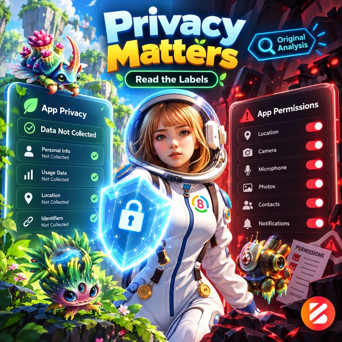 A stylized astronaut character stands between two contrasting app interface panels—one labeled "App Privacy" showing "Data Not Collected" with green checkmarks, and another labeled "App Permissions" with red toggles for Location, Camera, Microphone, Photos, Contacts, and Notifications—under the header "Privacy Matters: Read the Labels," which visually reinforces the post's message about scrutinizing the discrepancy between Apple's and Google Play's privacy labels for the PLYX Wallet.