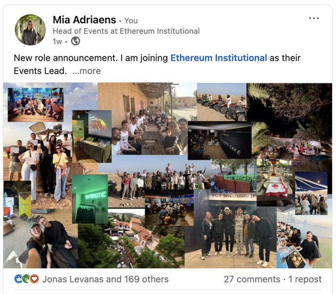 A LinkedIn post by Mia Adriaens, Head of Events at Ethereum Institutional, announcing her new role with a collage of photos from previous events.