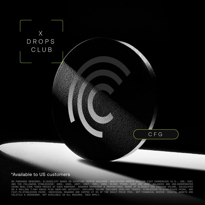 The image shows a sleek, dark promotional graphic featuring a black spherical object with concentric circular "C" patterns, branded with the "X Drops Club" logo and the ticker "CFG." Fine print at the bottom notes availability to US customers with disclaimers about crypto holdings, while the "*Available to US customers" notice confirms eligibility. The visual aligns with the post announcing $CFG's launch on X Drops, representing Centrifuge's token focused on bringing real-world assets onchain.
