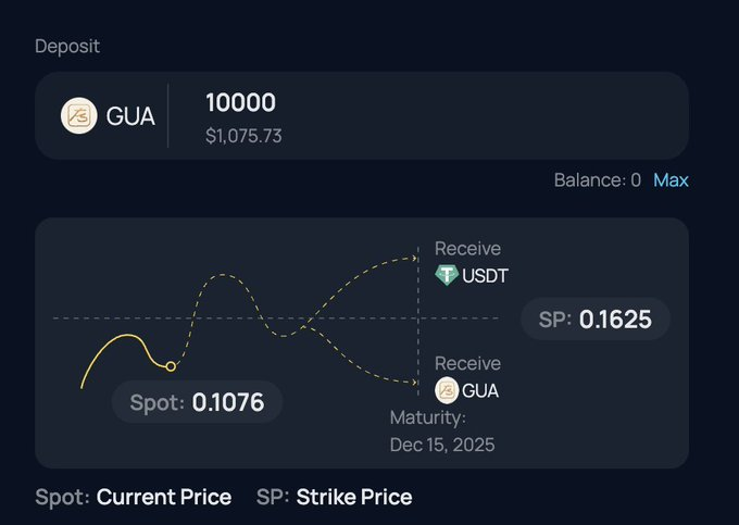 A TermMax vault interface showing a deposit of 10,000 GUA ($1,075.73) into a dual yield position with a 0.1076 spot price and 0.1625 strike price, maturing Dec 15, 2025, where the yield is collected via a call option (USDT) and put option (GUA) structure.