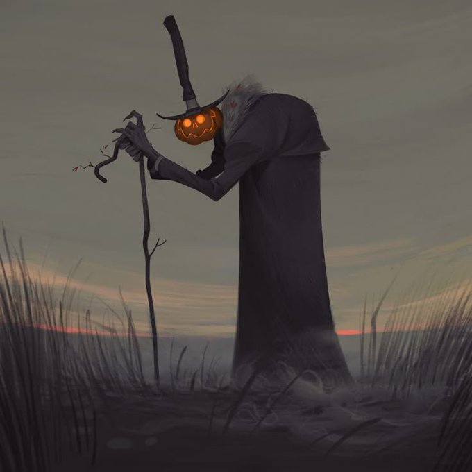 A dark digital illustration of a hooded figure with a jack-o'-lantern head leaning on a walking stick in a misty field at dusk.