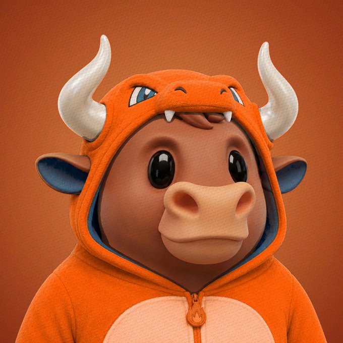 A 3D-rendered image of a cute cartoon bull character wearing an orange hoodie with horns, set against a solid orange background.