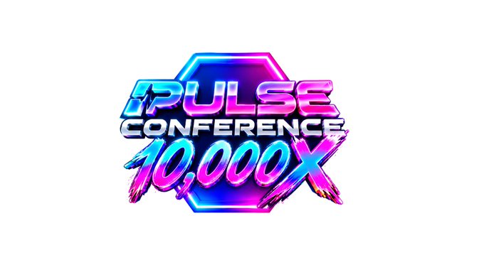 A vibrant neon-style logo for "PULSE CONFERENCE 10,000X" featuring pink, blue, and purple glowing text on a white background.