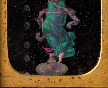 An artistic painting showing a figure in a flowing green dress with purple ribbons, appearing to float against a starry night sky with moon phases.