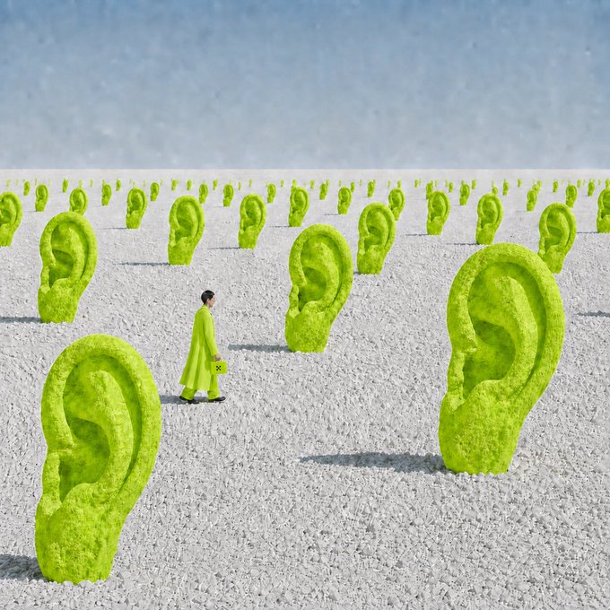 A figure in a green coat walks through a surreal landscape of giant green ear sculptures, carrying a box labeled "OKX," visually echoing the post's theme of cutting through the world's noise to "hear opportunity" with OKX Wallet.