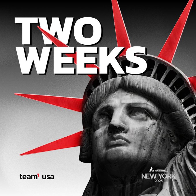 A Team USA promotional graphic featuring the Statue of Liberty with a red spiked crown, displaying text 'TWO WEEKS' prominently and logos for 'team usa' and 'summit NEW YORK 2026'.