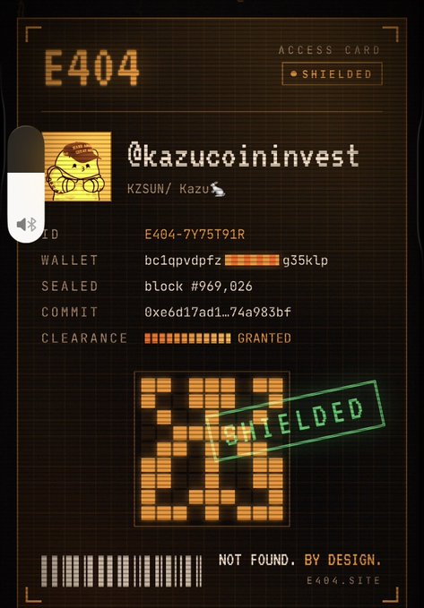 A digital access card for 'kazucoininvest' (KZSUN) marked as 'E404' and 'SHIELDED', displaying wallet and block details.