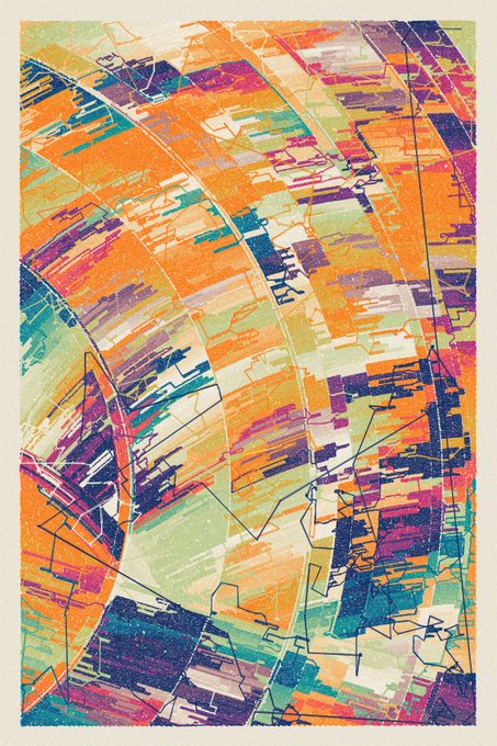An abstract colorful artwork featuring overlapping geometric shapes and brushstrokes in orange, blue, pink, green, and yellow hues on a cream-colored background.