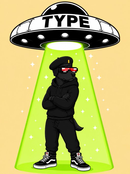 An illustration of a black dog character wearing pixelated sunglasses, a beret, a hoodie, and Vans sneakers, standing confidently with crossed arms inside a green beam of light emanating from a UFO labeled "TYPE".
