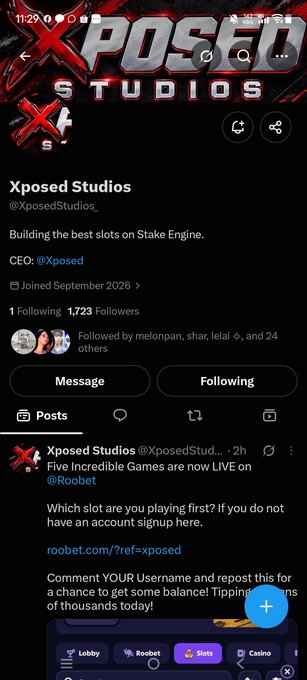 A screenshot of the X (Twitter) profile for 'Xposed Studios' (@XposedStudios_), a crypto casino, showing 1,723 followers and a post promoting slot games on Roobet with a signup link.