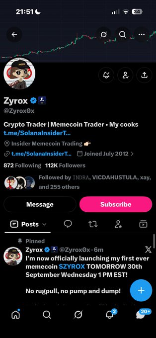 A mobile screenshot of a Twitter/X profile for 'Zyrox (@Zyrox0x)' announcing the official launch of the memecoin $ZYROX on Solana.