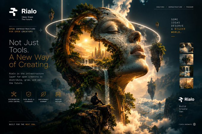 A futuristic promotional graphic for 'Rialo' displays the tagline 'Not Just Tools. A New Way of Creating' alongside a surreal image of a giant head statue containing a landscape.