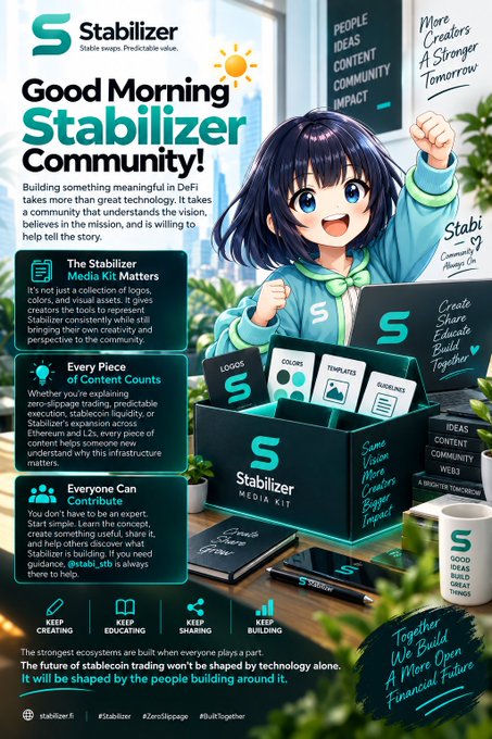 A promotional flyer for 'Stabilizer Community' featuring an anime-style girl, advertising a media kit with logos, colors, and templates, under the headline 'Good Morning Stabilizer Community!'