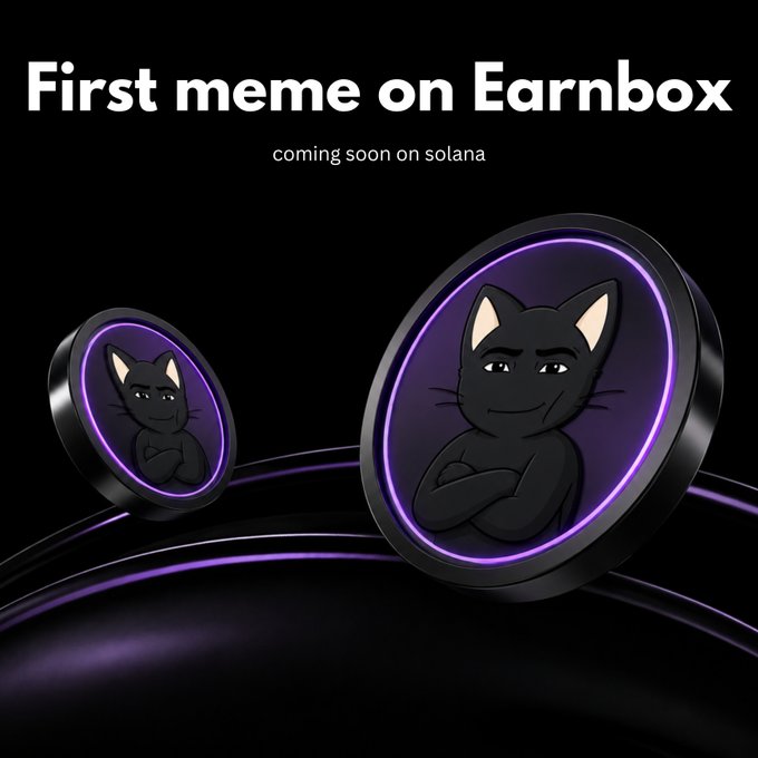 A promotional graphic with the text "First meme on Earnbox" and "coming soon on solana," featuring a cartoon black cat mascot inside a glowing purple coin design.