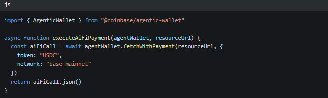 A code snippet in JavaScript that uses the @coinbase/agentic-wallet package to execute an aifi payment via the executeAifiPayment function.