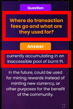 A Q&A graphic explains that Pi transaction fees currently accumulate in an inaccessible pool of burnt Pi, but may later fund mining rewards or community benefits, directly supporting the post's discussion of Pi's transaction fee model and its long-term utility.