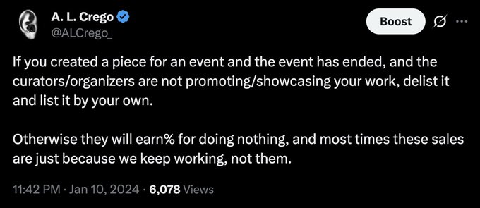 A screenshot of a tweet by verified user @ALCrego_ advising creators to delist their work from events that don't promote them, dated January 10, 2024.