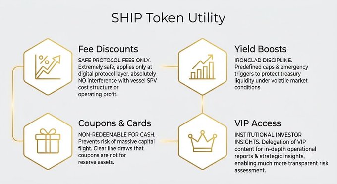 An infographic titled "SHIP Token Utility" detailing four benefits: Fee Discounts, Yield Boosts, Coupons & Cards, and VIP Access, each with brief descriptions.