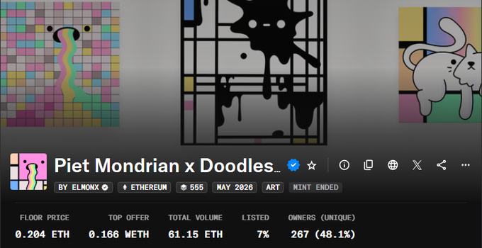 The image features a website called "doodles" with three different paintings displayed, each showcasing a unique style of art. The first painting depicts a cat, the second one portrays a bird, and the third artwork showcases a house. The text on the image provides information about the artists behind these paintings and their involvement in Web3 projects.
