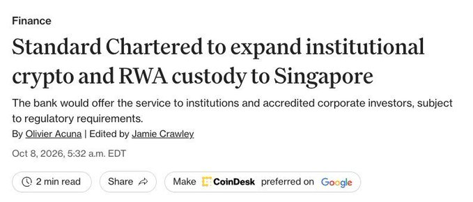 A news headline reads 'Standard Chartered to expand institutional crypto and RWA custody to Singapore,' published Oct 8, 2026, by CoinDesk, written by Olivier Acuña and edited by Jamie Crawley.