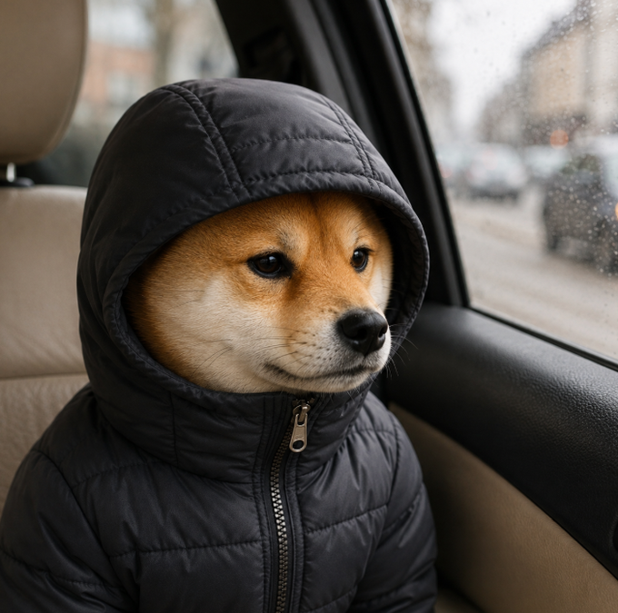 A Shiba Inu dog wearing a black hooded puffer jacket sits in the back seat of a car, looking out the rain-speckled window.
