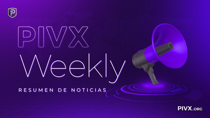 The image features a purple megaphone with the text "PIVX Weekly" written above it, along with a small circle of purple dots below it. The background of the image is a gradient transitioning from purple at the top to pink at the bottom. The caption for the image reads "No te pierdas nuestro nuevo Resumen Semanal de Noticias de #PIVX!".
