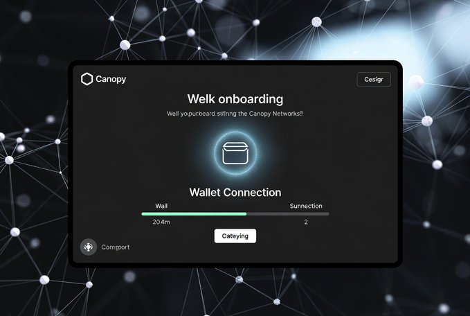A dark-themed UI for 'Canopy' showing a 'Wallet Connection' onboarding screen with progress bars indicating 204m connected and 2 synching, set against a network node background.