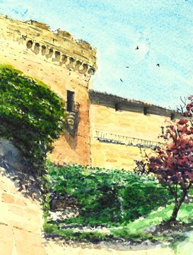 A watercolor painting depicts a stone tower or fortress wall surrounded by green vegetation under a blue sky.