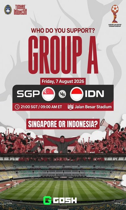 A promotional graphic for an ASEAN U-16 Boys Championship Group A match between Singapore and Indonesia on Friday, 7 August 2026 at Jalan Besar Stadium, presented by Timnas Indonesia and GOSH.