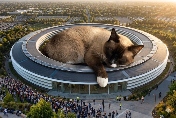 A surreal AI-generated image showing a giant Siamese cat sleeping on top of the Apple Park (Spaceship) headquarters building, with crowds of people gathered below.