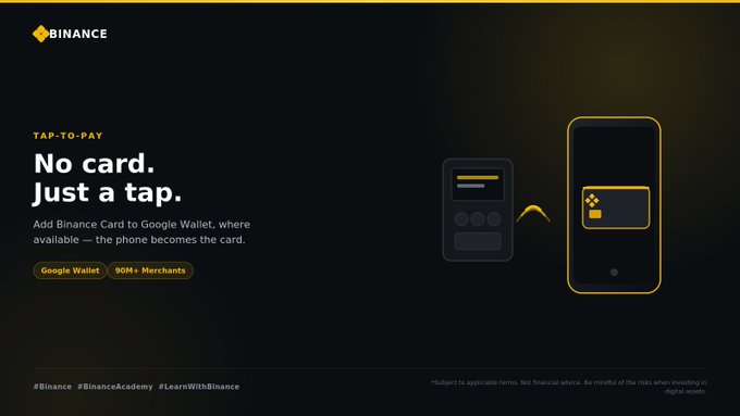 A Binance advertisement promoting tap-to-pay functionality, featuring the headline "No card. Just a tap." and showing a payment terminal next to a smartphone with a digital Binance Card, with badges noting "Google Wallet" and "90M+ Merchants" availability. The image visually illustrates the post's explanation of how Binance Card transforms into a digital payment method via Google Wallet, eliminating the need for a physical card at checkout.