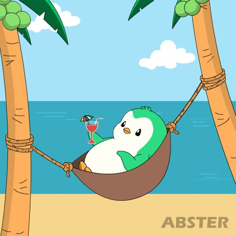 The image features a cartoon penguin sitting in a hammock, holding a drink with an umbrella and enjoying its time at the beach. The post includes text that reads "ABSTER" followed by a link to the original image.