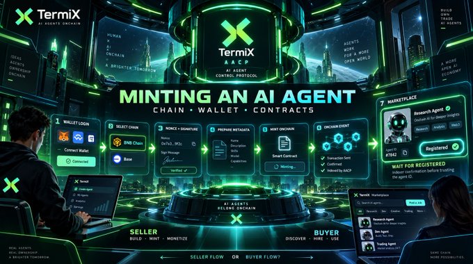 Complex infographic for 'TermiX AACP' illustrating the process of 'MINTING AN AI AGENT' across steps: 1 Wallet Login, 2 Select Chain (BNB Chain, Base), 3 Nonce+Signature, 4 Prepare Metadata, 5 Mint Onchain (Smart Contract), 6 Onchain Event, and 7 Marketplace, alongside seller/buyer flow descriptions.