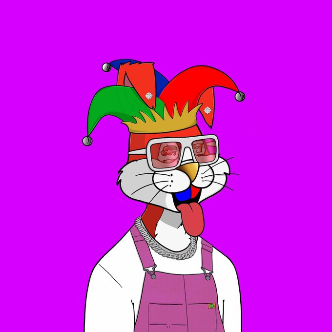 A cartoon cat character wearing a jester hat, glasses, and pink overalls against a magenta background.