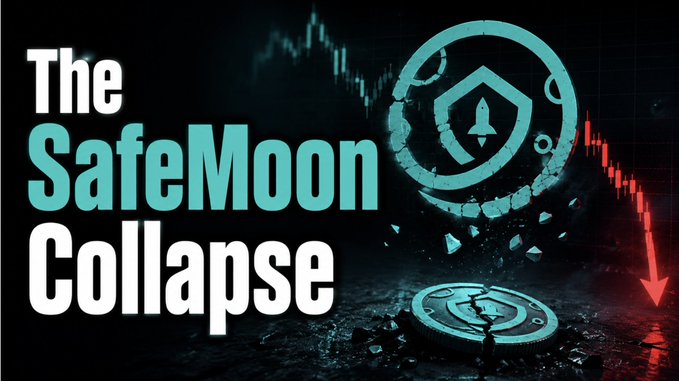 A graphic titled "The SafeMoon Collapse" featuring a shattered SafeMoon logo coin against a backdrop of a crashing red stock chart, visually representing the dramatic downfall of the once-hyped cryptocurrency after its massive community-driven rise.