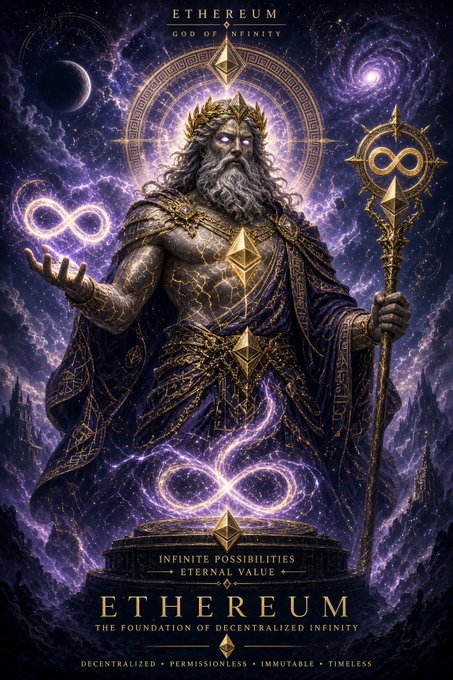 A divine figure titled "ETHEREUM GOD OF INFINITY" stands amid cosmic swirls, holding an infinity-symbol staff, with text below reading "INFINITE POSSIBILITIES · ETERNAL VALUE," "ETHEREUM: THE FOUNDATION OF DECENTRALIZED INFINITY," and "DECENTRALIZED · PERMISSIONLESS · IMMUTABLE · TIMELESS." The deity imagery humorously personifies the poster's feeling of godhood as the token surges above $4,000.