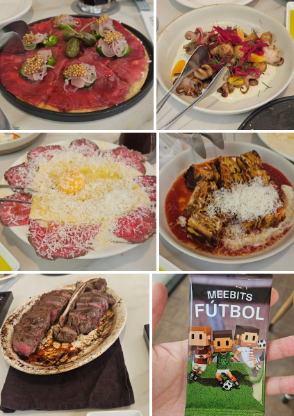 A photo collage of various dishes from a meal including carpaccio, seafood, pasta, steak, and a MEEBITS fútbol collectible card.
