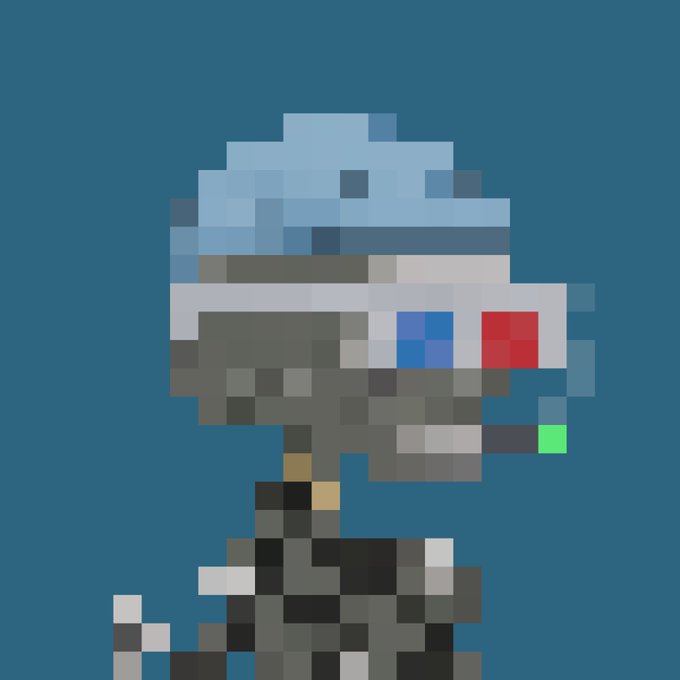 A pixel art character resembling a bird or duck wearing a blue helmet and large futuristic goggles with blue and red lenses, set against a dark blue background.