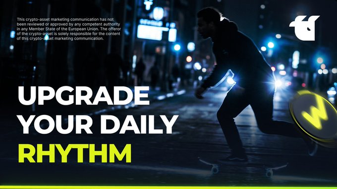 A nighttime cityscape shows a silhouetted figure riding a skateboard carrying a glowing yellow coin, with bold text reading "UPGRADE YOUR DAILY RHYTHM" alongside the Whitebit logo, promoting the YNG crypto trading fest.