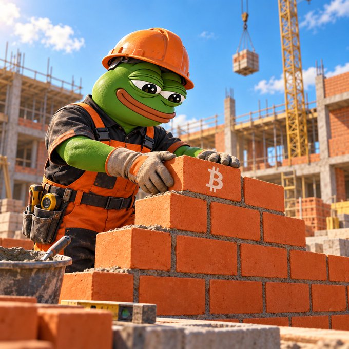 A Pepe the Frog meme character dressed as a construction worker in an orange hard hat and overalls, laying bricks at a construction site with one brick featuring a Bitcoin symbol.